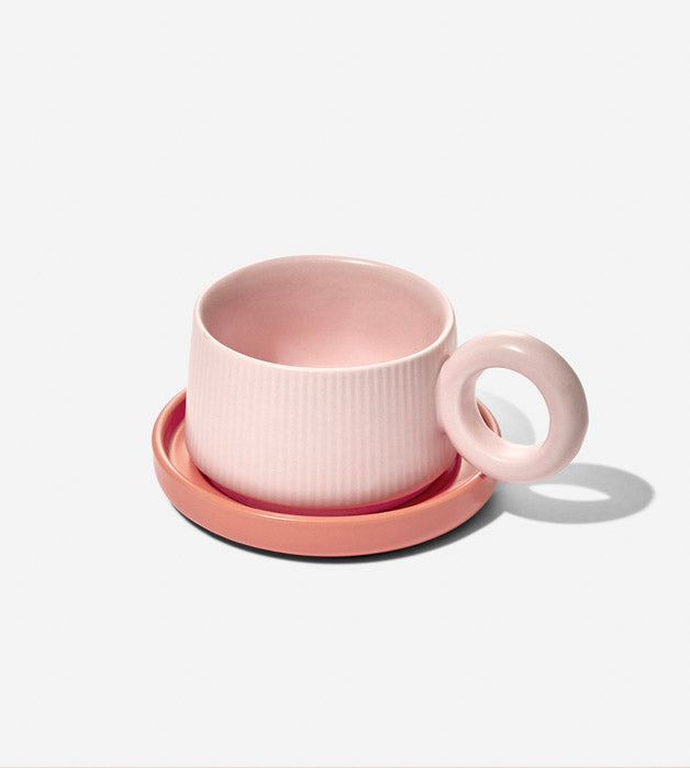 Loop Handle Ceramic Mug with Saucer - Pink