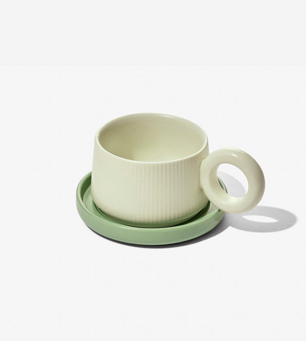 Loop Handle Ceramic Mug with Saucer - Green